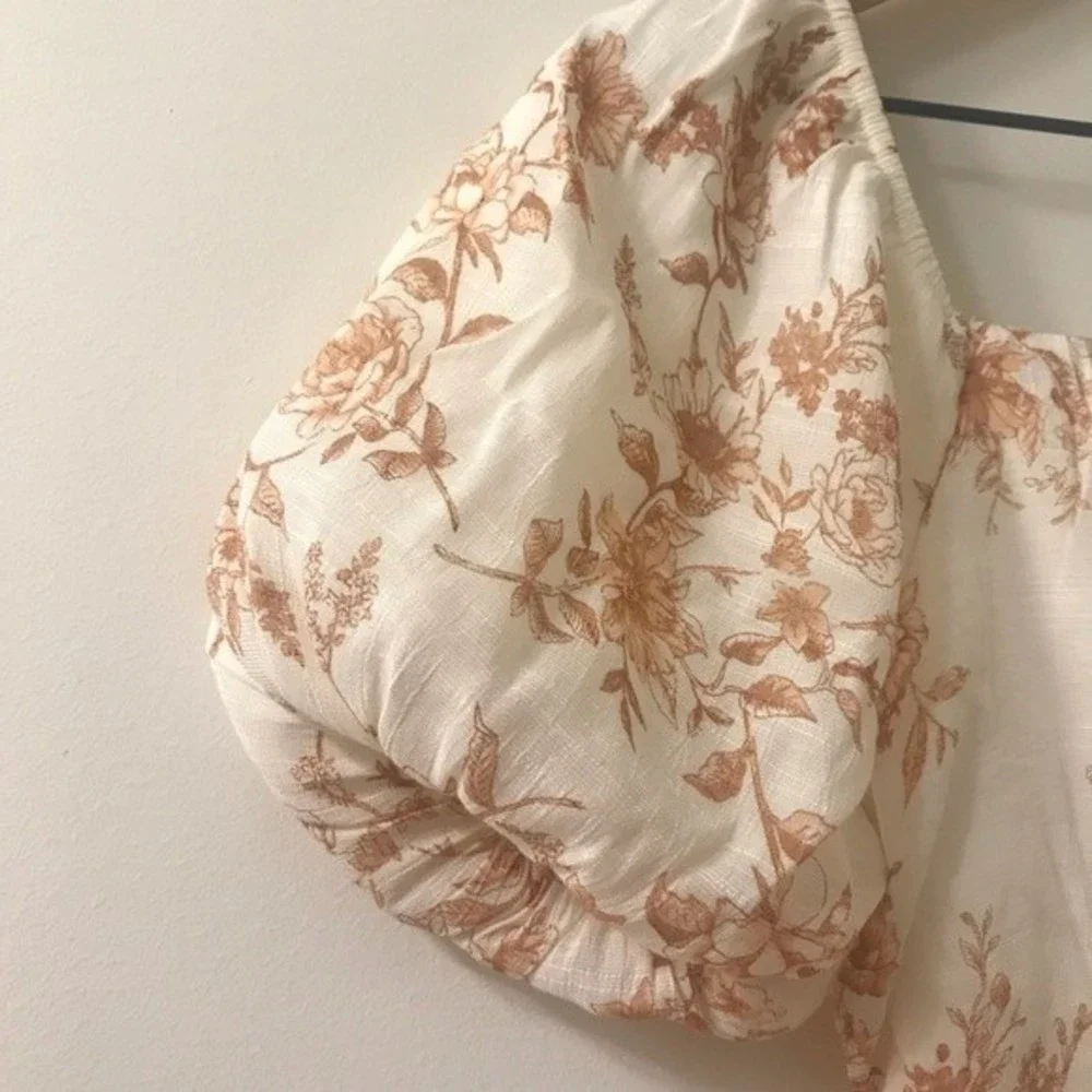 Blu Pepper Cream and Brown Floral Square Neck Puff Sleeve Mini Dress-Size Small - Picture 4 of 9